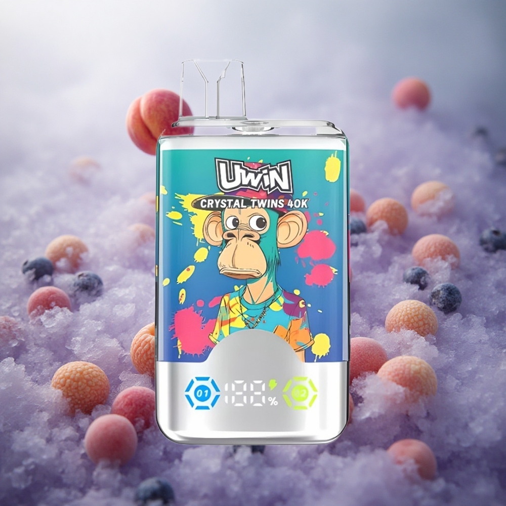Mėlynųjų uogų su ledu ir vasaros persikų su ledu skoniai UWIN Crystal Twins 40000 pūkštų 32ml Lithuania vape